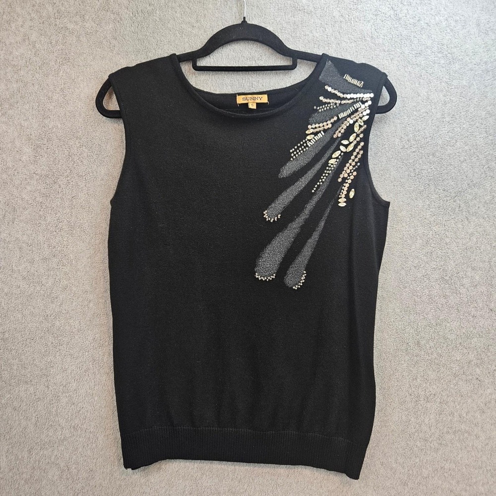 SUNNY Sweater Vest Women S Black Beaded Sequin Embellished Knit Gorpcore Chic‎